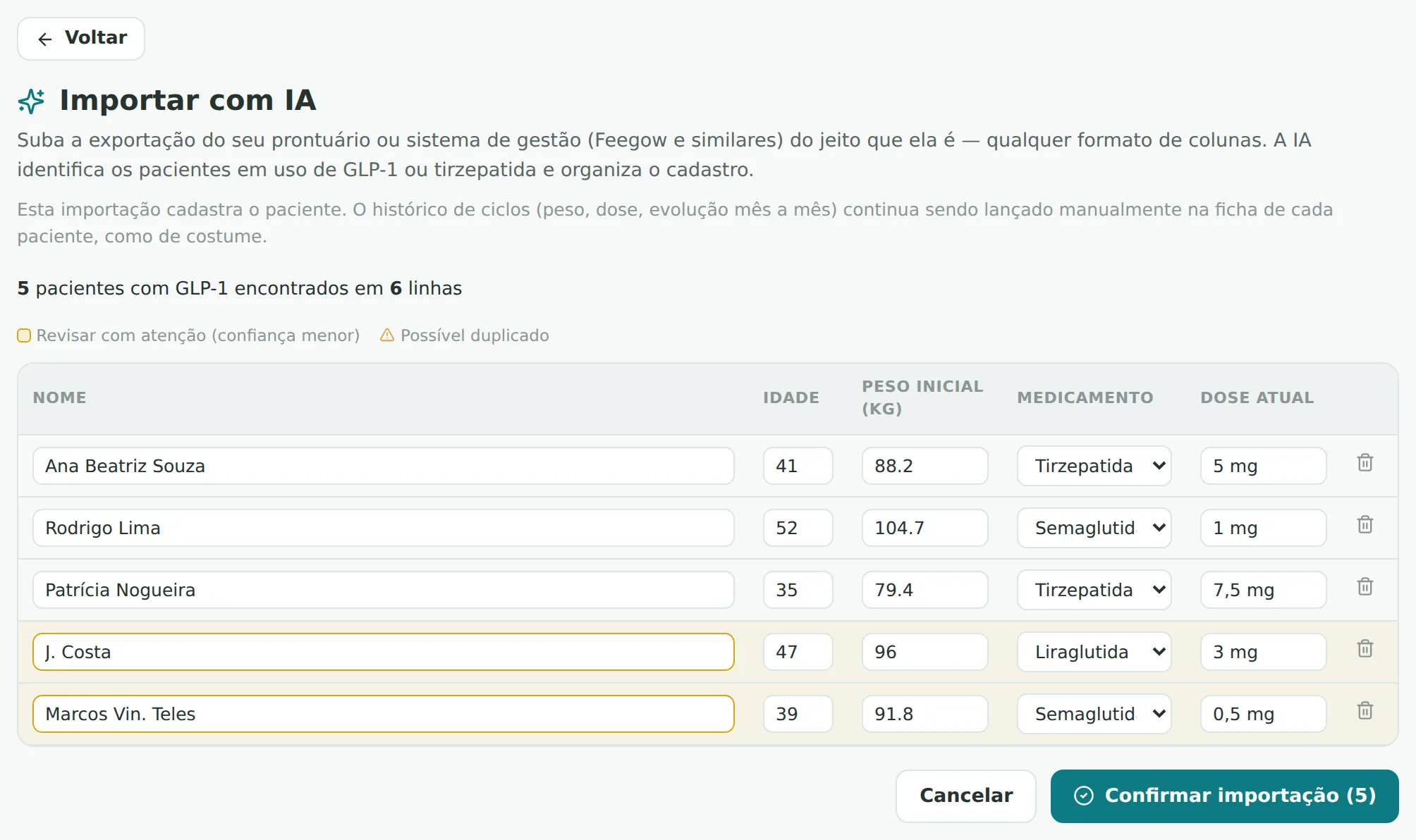 Tela de importação de pacientes com IA no Murev Acompanha